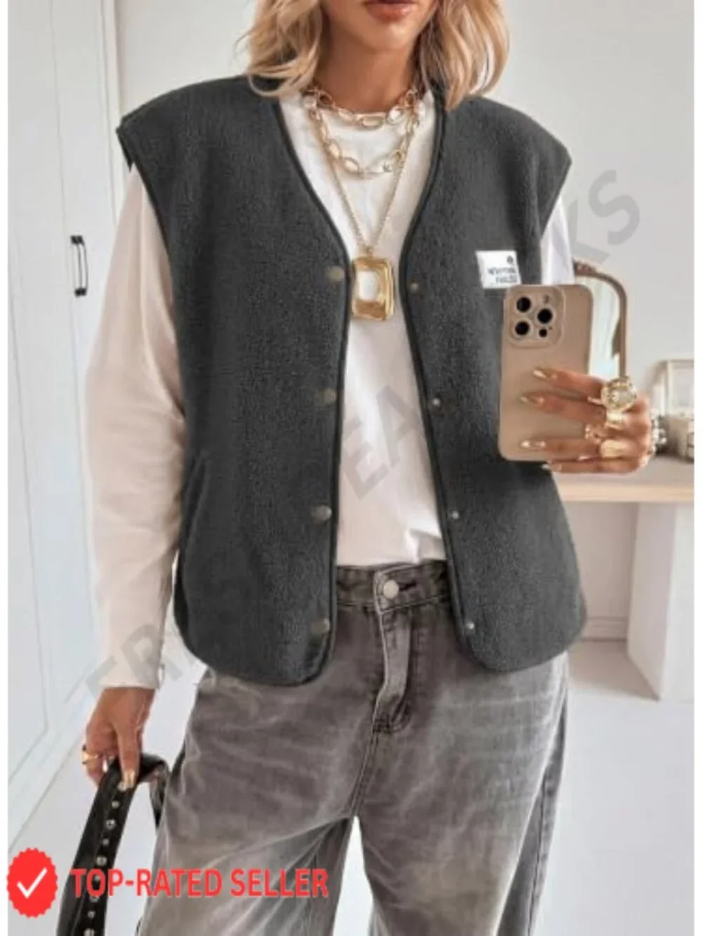 Women's Sherpa Fleece Vest Snap Button Sleeveless with Pockets